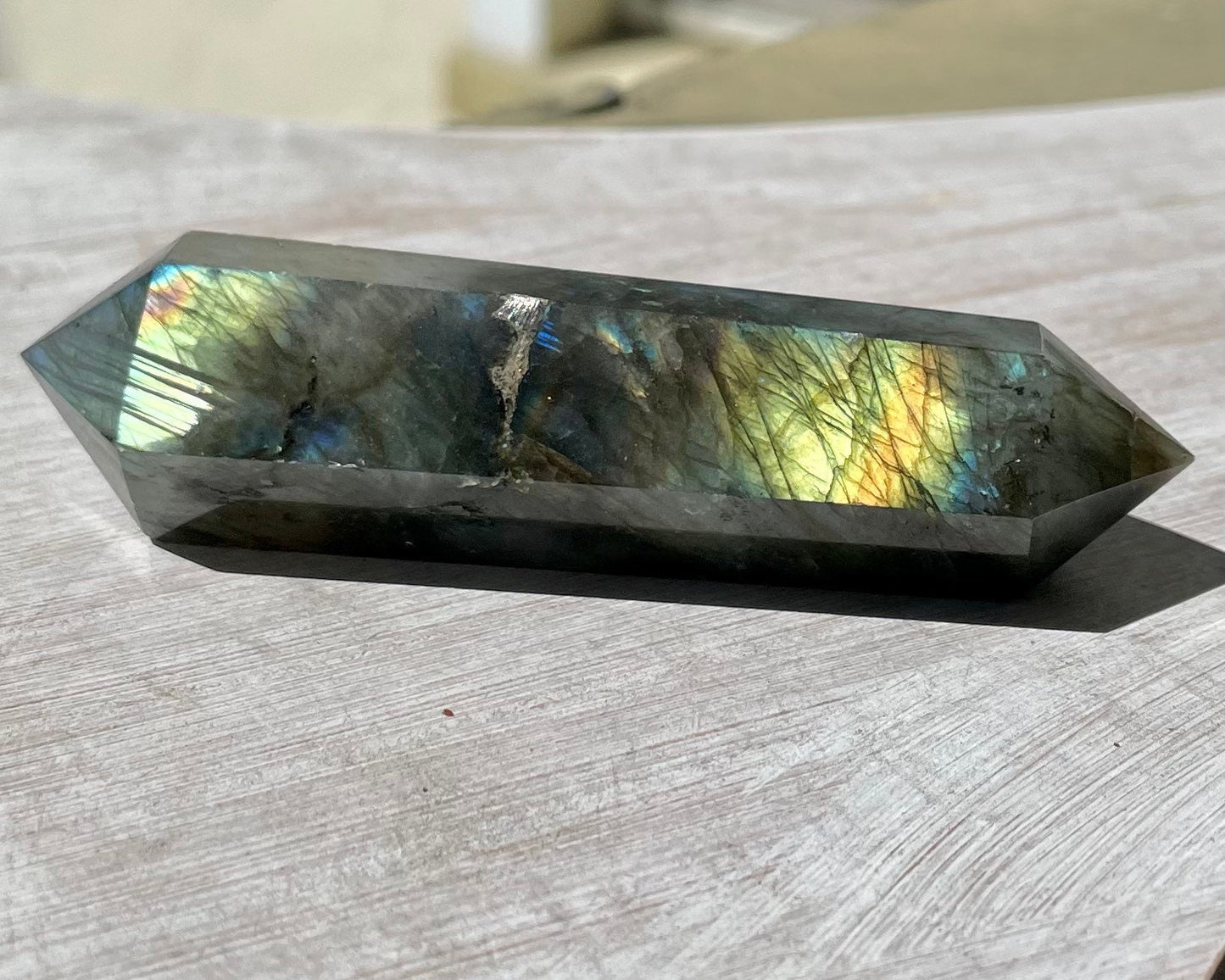 Golden Flash Faceted Double Terminated Labradorite Crystal