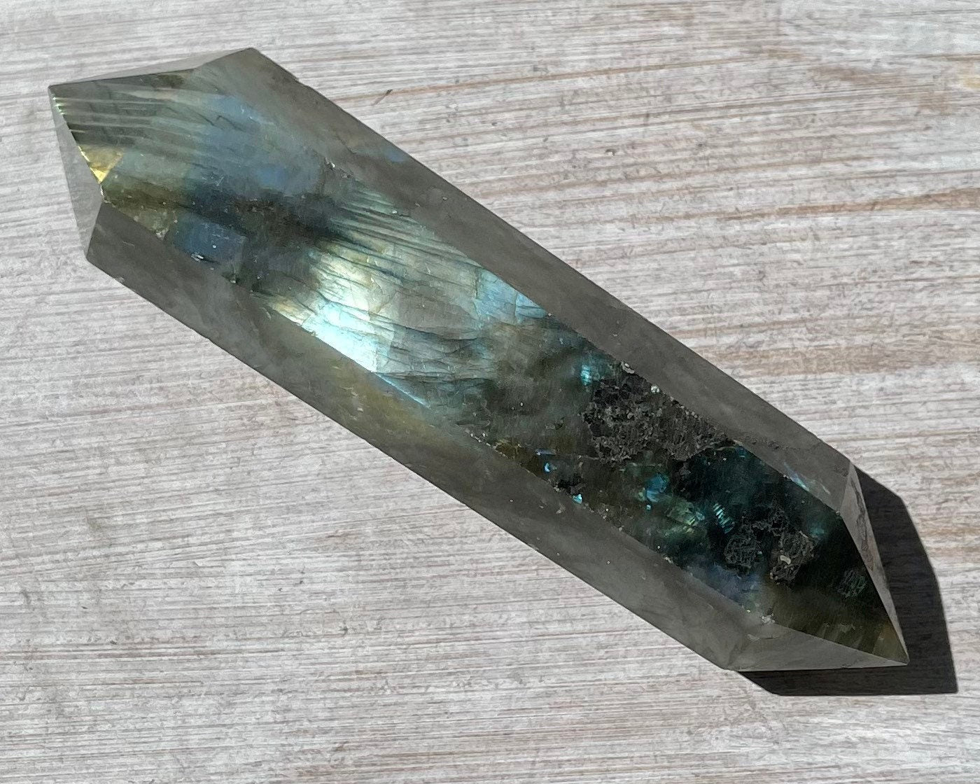 Golden Flash Faceted Double Terminated Labradorite Crystal