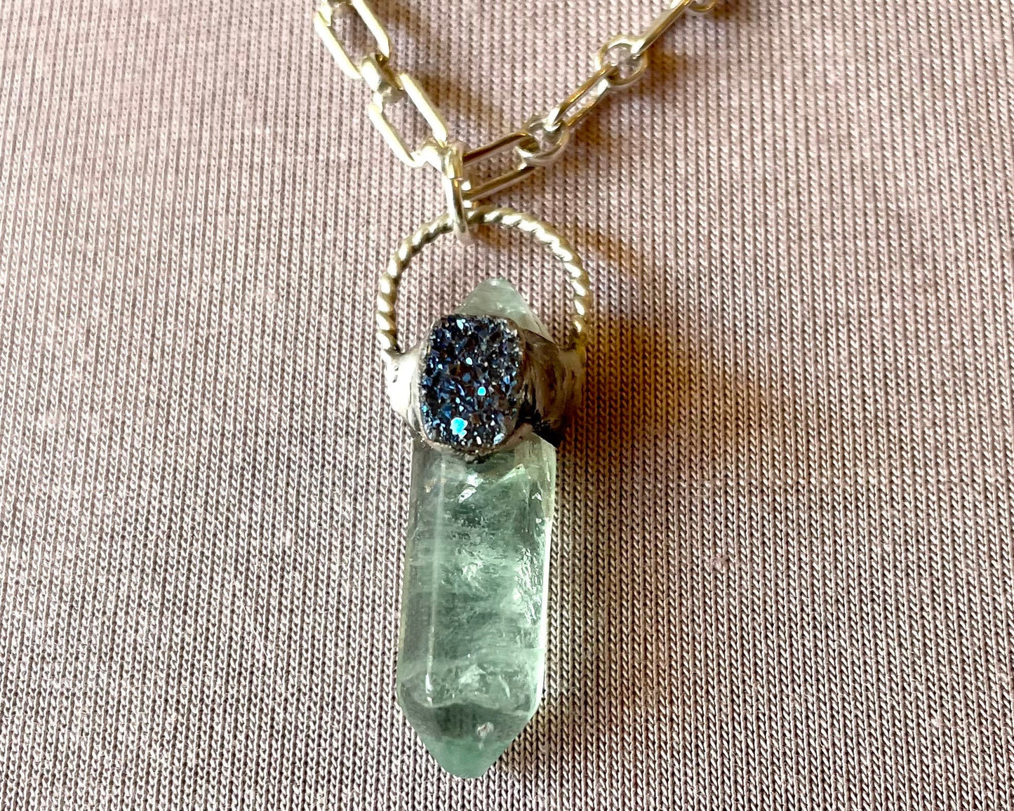 Green Fluorite Crystal with Blue Druzy