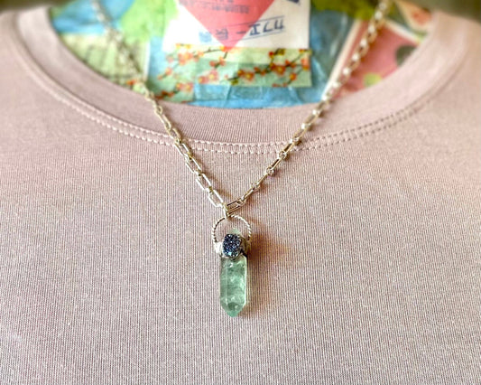 Green Fluorite Crystal with Blue Druzy