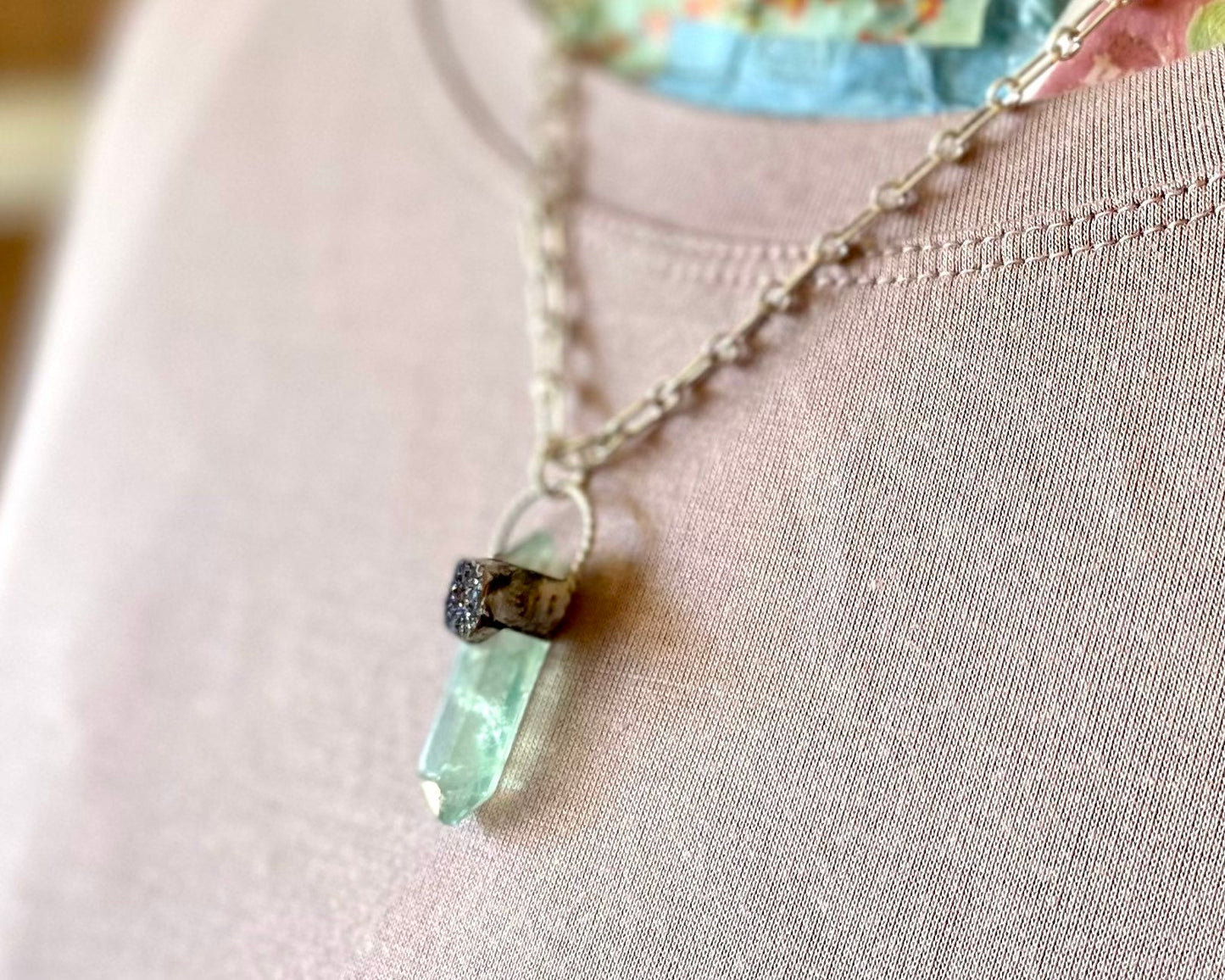 Green Fluorite Crystal with Blue Druzy