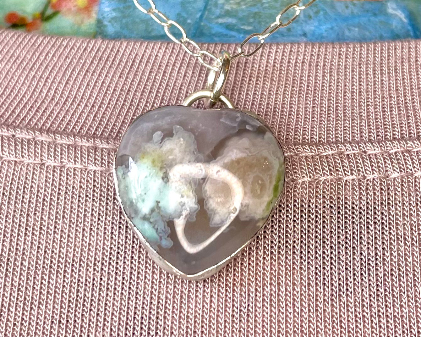 Little Green Flower Agate Heart