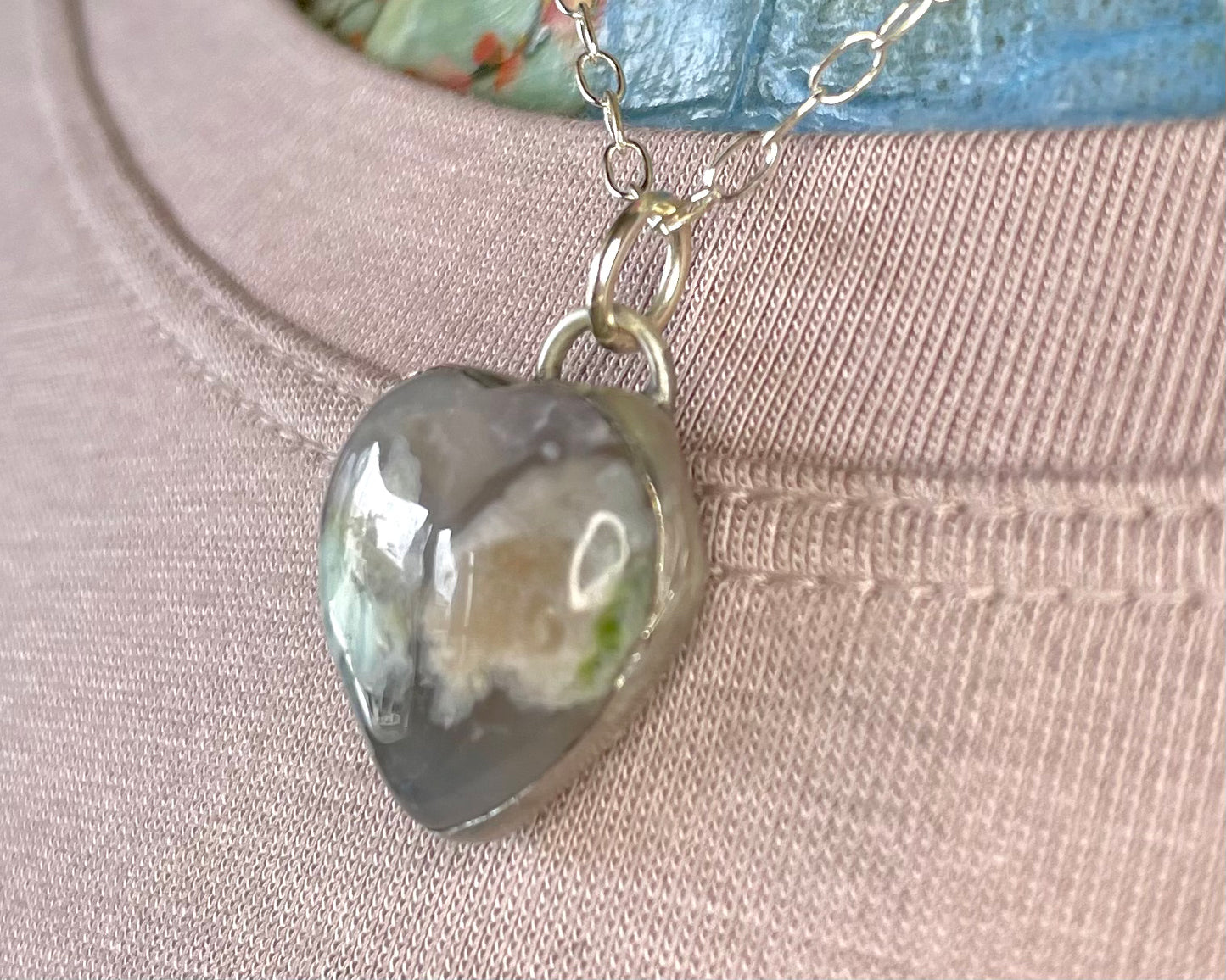 Little Green Flower Agate Heart